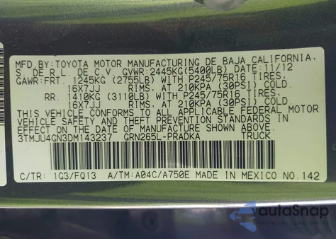 2013 Toyota Tacoma Prerunner V6 z USA, uszkodzony, nr VIN 3TMJU4GN3DM143237